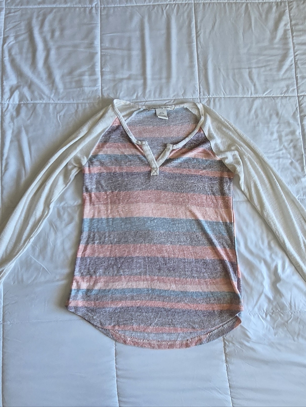 American Rag Pink, Gray & Cream Striped Raglan Long Sleeve Top